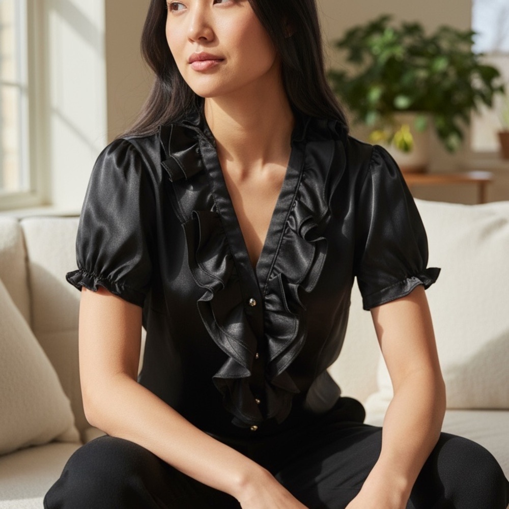 White House Black Market Black Ruffle Blouse
